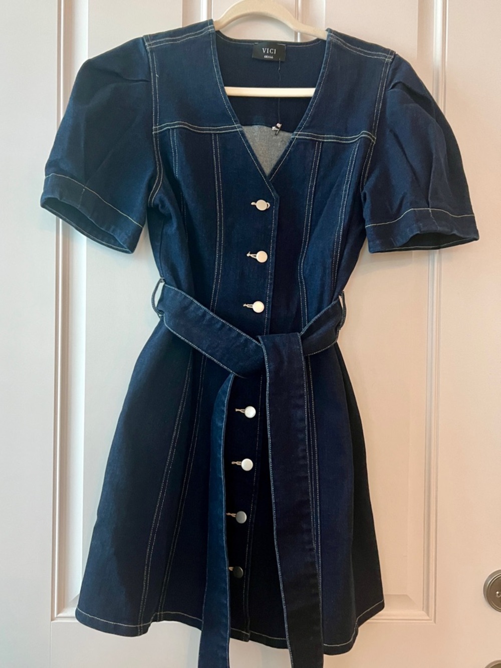Vici Timko Waist Tie Denim Mini Dress in Dark Blue - Picture 4 of 16